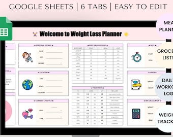 Weight Loss Tracker Spreadsheet for Google Sheets, Weight Loss Planner, Body Measurement Log, Daily Weekly Weigh-in Chart, Weight Journal
