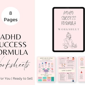 May include: A digital download of 8 printable worksheets for ADHD success. The worksheets include a plan of action, coping skills, and information about ADHD. The cover image features a woman writing in a notebook.