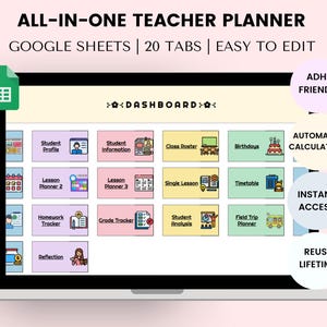 Lärare och elevplanerare Google Sheets, lektionsplanerare, betygs- och närvarospårare, klassrumsplanering, verktygslåda för lärarorganisering