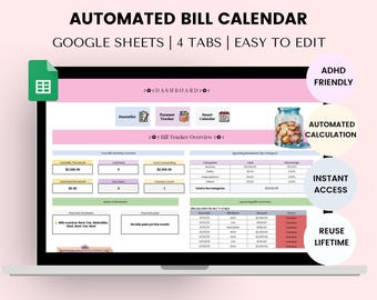 Hoja de cálculo inteligente para el seguimiento de facturas, planificador de pagos mensuales de facturas, planificador financiero, organizador de facturas, hoja de cálculo de calendario de facturas, calendario automatizado