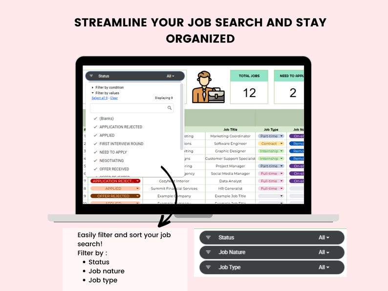 Kalkylblad för jobbansökningsspårning, Google Sheet för jobbspårning, spårning av jobberbjudanden, spårning av jobbintervjuer, karriärplanerare, spårning av jobbsökning bild 5