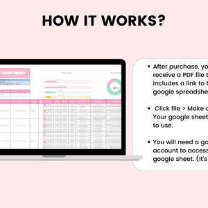 May include: A laptop screen displaying a Google Sheet titled "Client Session Tracker". The sheet includes a progress bar, a pie chart, and a table with columns for date, client name, session type, and notes. The text "HOW IT WORKS?" is displayed above the laptop. Below the laptop, there are three bullet points describing how to use the Google Sheet: "After purchase, you will receive a PDF file that includes a link to this google spreadsheet.", "Click file > Make a copy. Your google sheet is ready to use.", and "You will need a google account to access the google sheet. (It's free)"