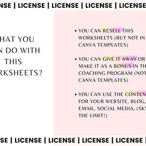 May include: A pink and white graphic with the text "WHAT YOU CAN DO WITH THIS WORKSHEETS?" and a list of uses for the worksheets. The text includes "RESELL THIS WORKSHEETS (BUT NOT IN CANVA TEMPLATES)", "GIVE IT AWAY OR MAKE IT AS A BONUS IN THE COACHING PROGRAM (NOT IN CANVA TEMPLATES)", and "USE THE CONTENT FOR YOUR WEBSITE, BLOG, EMAIL, SOCIAL MEDIA, (SKY IS THE LIMIT!)".