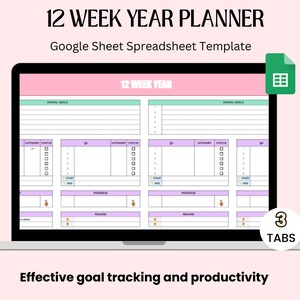 May include: A computer screen displaying a Google Sheet spreadsheet template for a 12-week year planner. The template has sections for annual goals, categories, status, progress, and rewards. The template is designed for effective goal tracking and productivity. The image also shows a green tab with the text "3 TABS" on it.