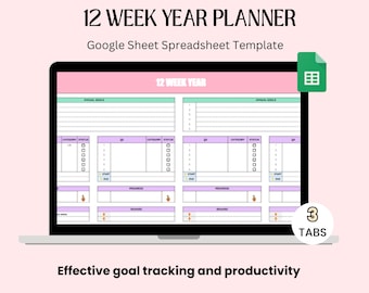 12 Week Year Planner Google Sheets Template, 90 Day Goal Tracker, 12 Week Goal Planner Tracker, 3 month Quarterly Goal Annual