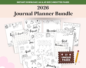 2026 Journal Planner Bundle, Bullet Journal Kit, A4 A5 Printable Planner, Monthly Yearly Tracker PDF, Digital Download