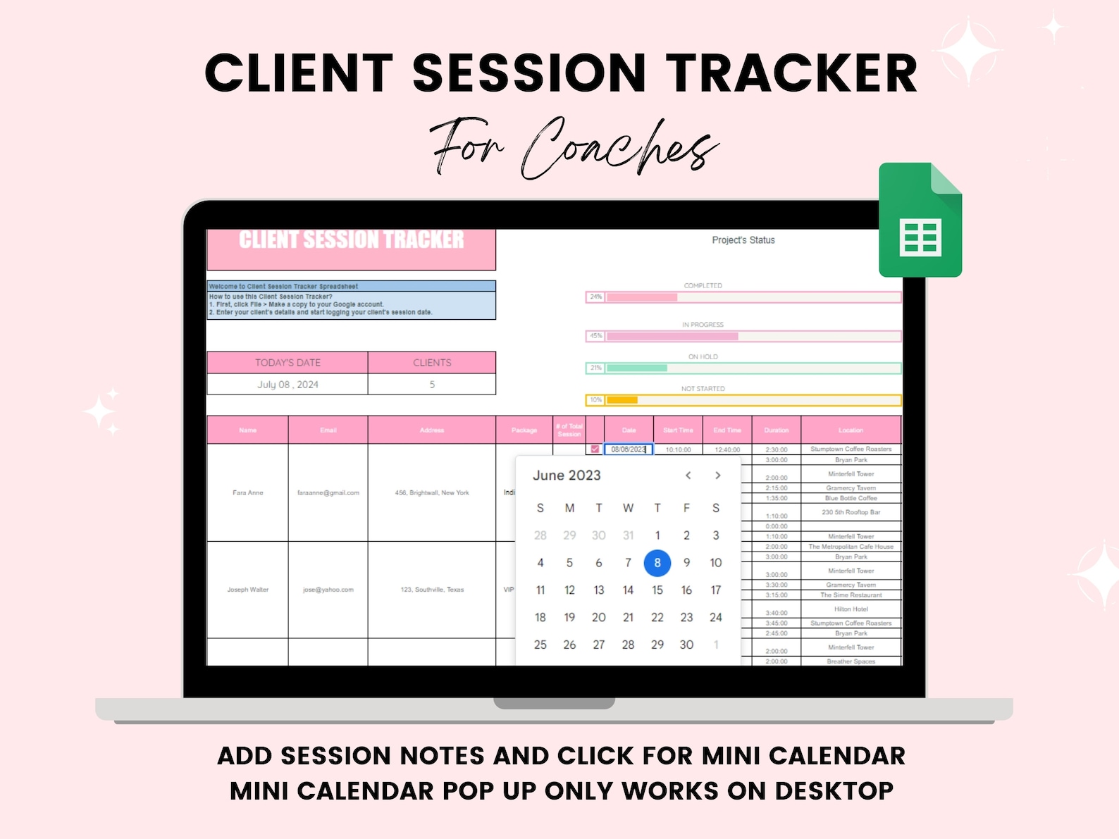 Client Session Tracker Google Spreadsheet for Coaches, Coaching Tracker ...