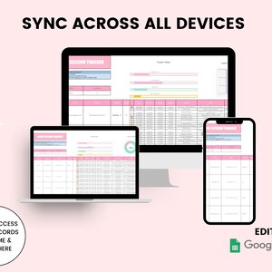 May include: A screenshot showing a spreadsheet on a computer, laptop, and phone. The spreadsheet is titled "Session Tracker" and is used to track progress. The text "SYNC ACROSS ALL DEVICES" is at the top of the image. The text "EASILY ACCESS YOUR RECORDS ANYTIME & ANYWHERE" is at the bottom left of the image. The text "EDIT IN Google Sheets" is at the bottom right of the image.