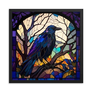 Crow Framed Paper Poster in Stained Glass Style