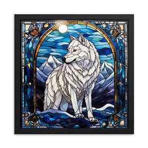 Cute Arctic Wolf Print Framed Poster in Unique Stained Glass Inspired Style