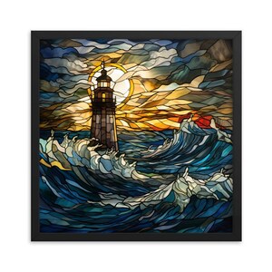 Póster de papel enmarcado con arte mural de faro, olas del océano, arte de viajes marítimos