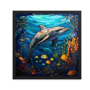 Decorazione da parete per acquario subacqueo con delfini, poster di carta incorniciato in vetro colorato in stile oceano