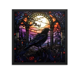 Póster de papel enmarcado con diseño de cuervo al atardecer, estilo vitral, decoración de Halloween para el hogar
