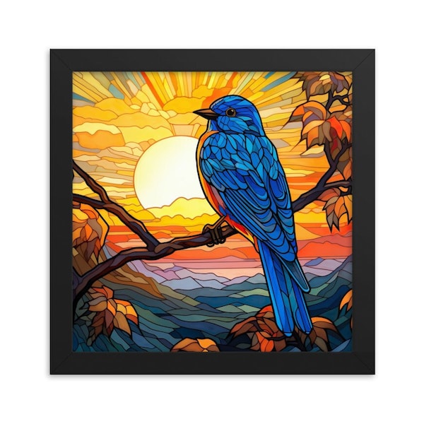 Bluebird in the Sunset | Stained Glass Inspired Framed Paper Poster