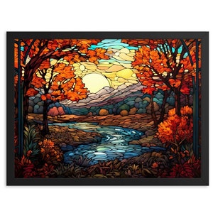 Arte estilo vidriera inspirado en el otoño con hojas y paisajes otoñales / Póster de papel enmarcado