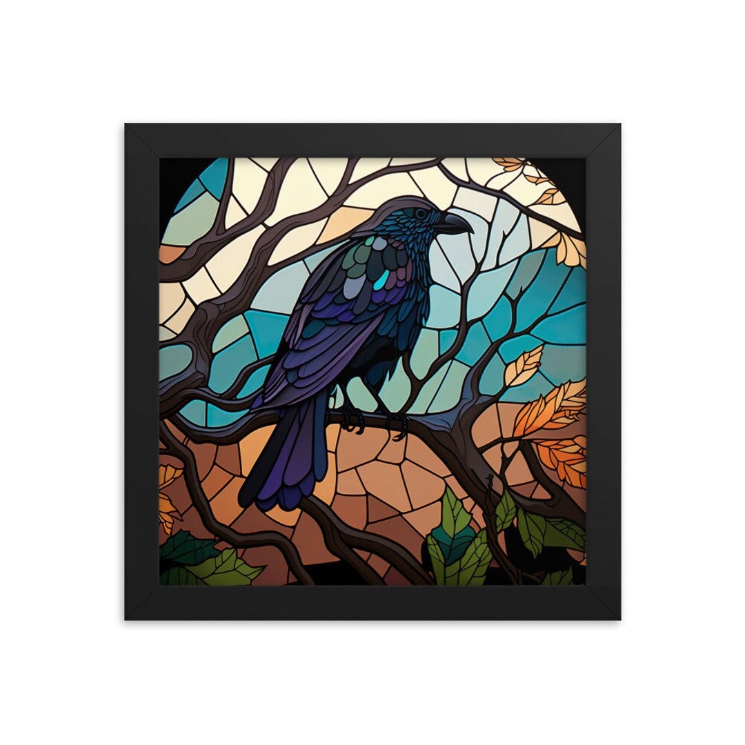 Crow Frame Stained Glass Inspired Crow Wood Frame Paper Poster Halloween Home ...