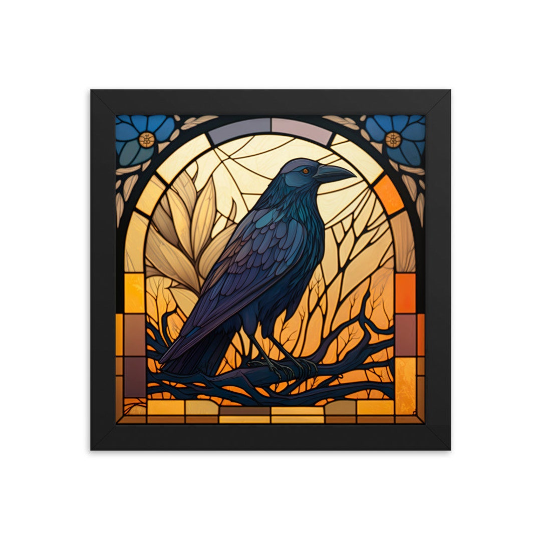 Crow Stained Glass Art Piece Wood Frame Etsy