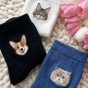Könnte beinhalten: Vier Paar Socken mit gestickten Tiergesichtern: ein Corgi, eine getigerte Katze, eine Perserkatze und eine blaue Socke. Die Socken sind schwarz, weiß und blau. Rosa und weiße Tulpen sind im Hintergrund.