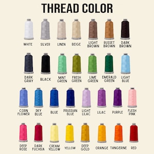 Op de afbeelding: Een kleurenkaart met verschillende draadkleuren. De tekst "THREAD COLOR" staat bovenaan. De kaart bevat kleuren zoals wit, zilver, zwart, blauw, groen en rood, elk met hun naam. De kleuren zijn gerangschikt in rijen en kolommen.