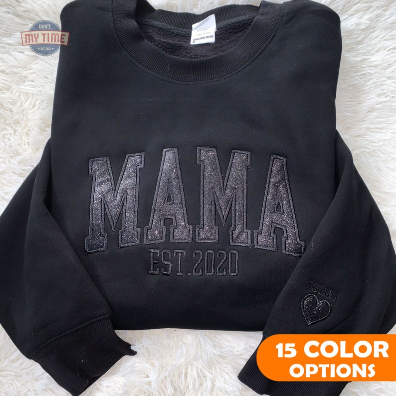 MAMA Embroidered Sweatshirt Embroidered Applique Glitter Crewneck, Custom Mama Embroidered Hoodie, Glitter Mama Sweatshirt, Gift for Mom image 1