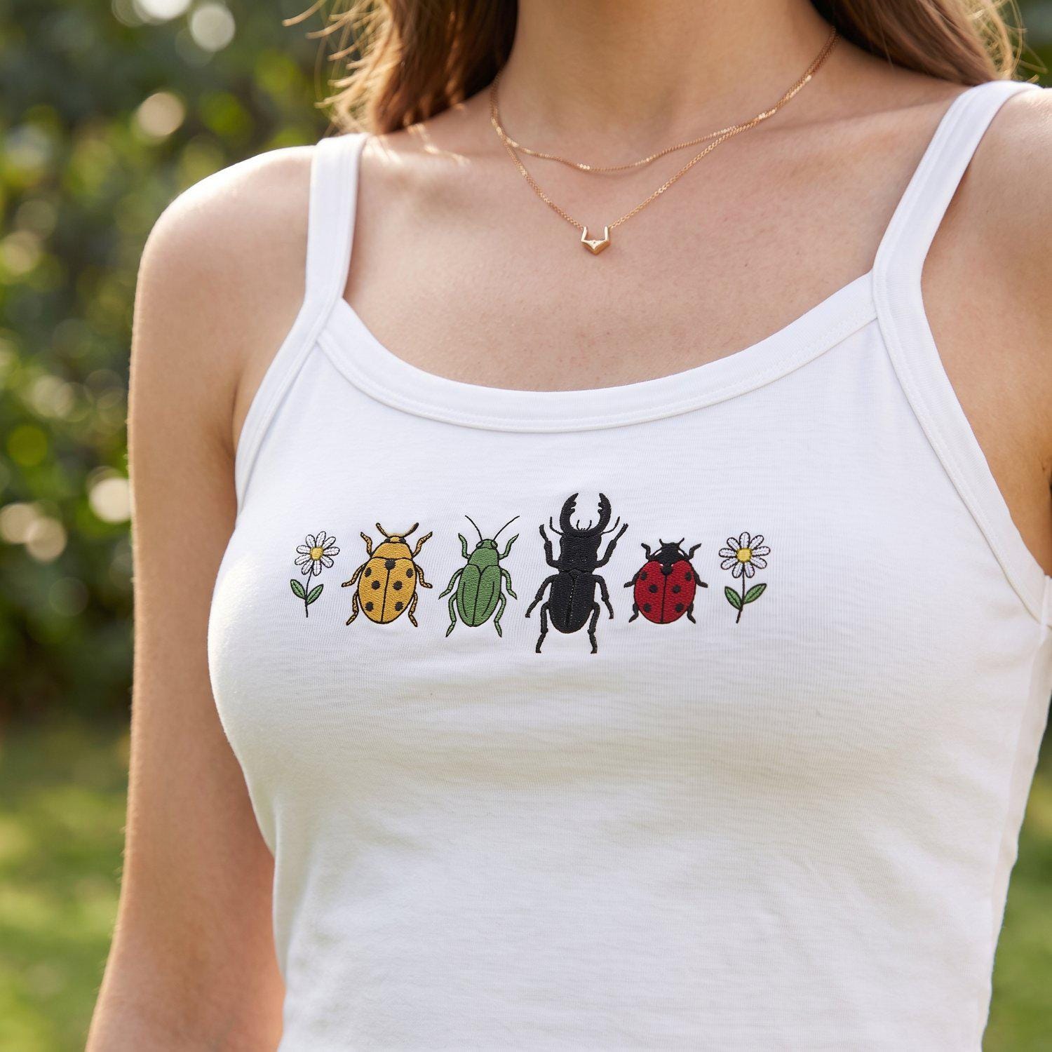 Embroidered Insect Tank Top, Cottagecore Bug Cami Shirt, Ladybug Beetle Botanical Crop Tank, Nature Lover Preppy Summer Outfit Gift Tee