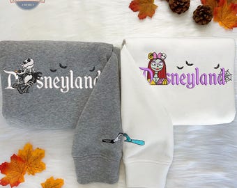 Couple Cartoon Skeleton Embroidered Sweatshirt, Couple Halloween Sweatshirt, Halloween Embroidered Sweatshirt, Anniversary Gift