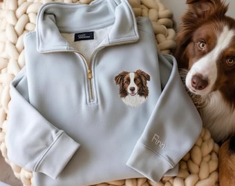 Custom Pet Portrait Embroidered Quarter Zip Sweatshirt: Personalized Dog Memorial Gift