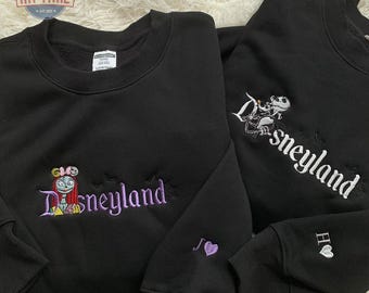 Couple Cartoon Skeleton Embroidered Sweatshirt, Couple Halloween Sweatshirt, Halloween Embroidered Sweatshirt, Anniversary Gift