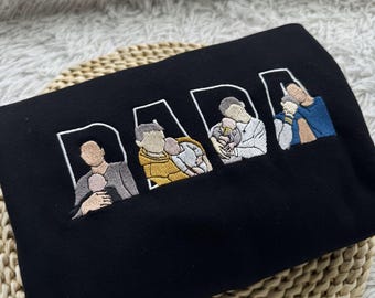 Geborduurd PAPA-sweater, gepersonaliseerd familieportret ronde hals, gepersonaliseerde Vaderdag ronde hals