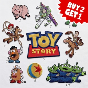 May include: A collection of embroidered patches featuring Toy Story characters and logos, including a pig, space ranger, cowgirl on a horse, cowboy on a horse, Mr. Potato Head, Mrs. Potato Head, a ball, and three aliens, with text reading BUY 2 GET 1.