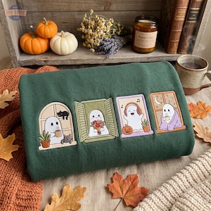 Spooky Halloween Ghost Embroidered Shirt, Cozy Window Ghost Tee, Bookish Librarian Reader TShirt, Cottagecore Fall Season Tee, Cozy Gift