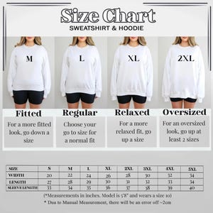 May include: Size chart for sweatshirts and hoodies, featuring models in white tops. The chart details measurements in inches for sizes S to 5XL, including width, length, and sleeve length. It also provides fitting guidance: fitted, regular, relaxed, and oversized.