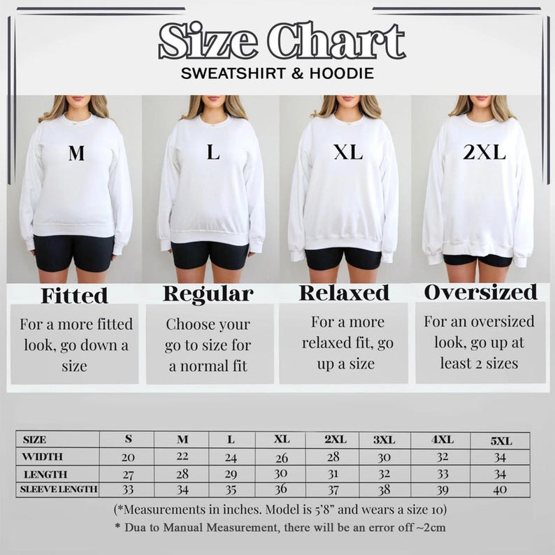 May include: Size chart for sweatshirts and hoodies, featuring models in white tops. The chart details measurements in inches for sizes S to 5XL, including width, length, and sleeve length. It also provides fitting guidance: fitted, regular, relaxed, and oversized.