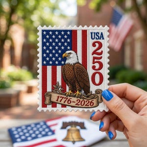 Embroidered 250 Years of Freedom Stamp Patch, USA Eagle Betsy Ross Grommet Flag Patch, 250th Anniversary Gift, Patch for Jacket Hat Backpack