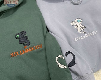 Custom Embroidered Roman Numeral Couple Sweatshirts, Embroidered Dragon Hoodies, Personalized Valentine, Anniversary, Engagement Gift