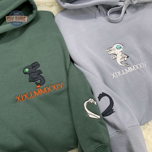 Custom Embroidered Roman Numeral Couple Sweatshirts, Embroidered Dragon Hoodies, Personalized Valentine, Anniversary, Engagement Gift