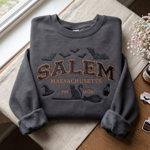 Op de afbeelding: Een antracietgrijze sweater met ronde hals en geborduurde tekst SALEM MASSACHUSETTS est 1626. Het ontwerp bevat zwarte silhouetten van vleermuizen, een heksenhoed, een kat, een bezemsteel en een toverdrankflesje in oranje en zwart garen.