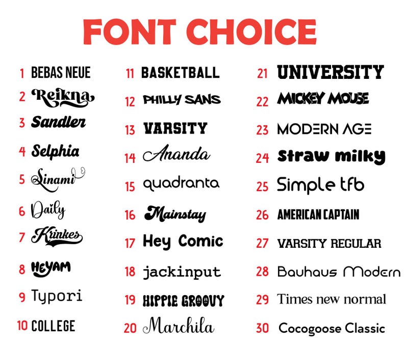 May include: A list of 30 different fonts, numbered 1 through 30, with each font name displayed in the corresponding font style. The font names include Bebas Neue, Reikna, Sandler, Selphia, Sinami, Daily, Krinkes, Heyam, Typori, College, Basketball, Philly Sans, Varsity, Ananda, quadranta, Mainstay, Hey Comic, jackinput, HIPPIE GROOUY, Marchila, University, Mickey Mouse, Modern Age, Straw milky, Simple tfb, American Captain, Varsity Regular, Bauhaus Modern, Times new normal, and Cocogoose Classic.