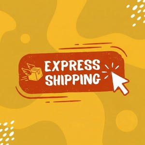 Op de afbeelding: Een oranje en gele afbeelding met de tekst "EXPRESS SHIPPING" in witte letters. Een witte cursor wijst naar de tekst. Links van de tekst staat een doos met vleugels.