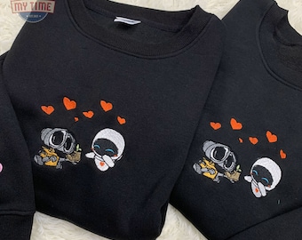 Lovely Droid Couple Character Embroidered Sweatshirt, Embroidered Couple Hoodie, Personalized Couple Embroidered Sweatshirt, Valentine's Day