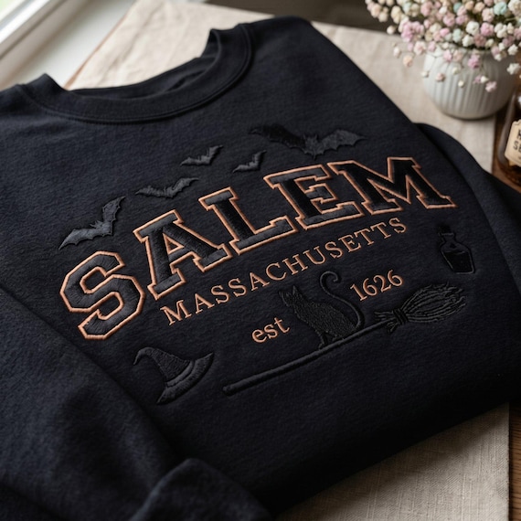 Salem Massachusetts Embroidered Crewneck, Black Cat Halloween Sweater, Salem Witch Sweatshirt, Est 1626 Spooky Fall Shirt