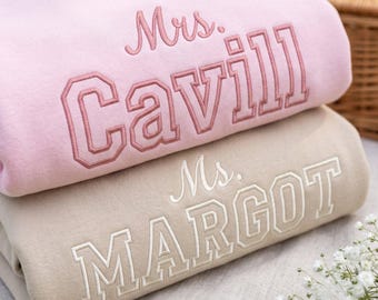 Custom Teacher Name Embroidered Sweatshirt, Varsity Mrs Ms Mr Name, Colorful Back To School Teacher Crewneck, Personalized School Apparel