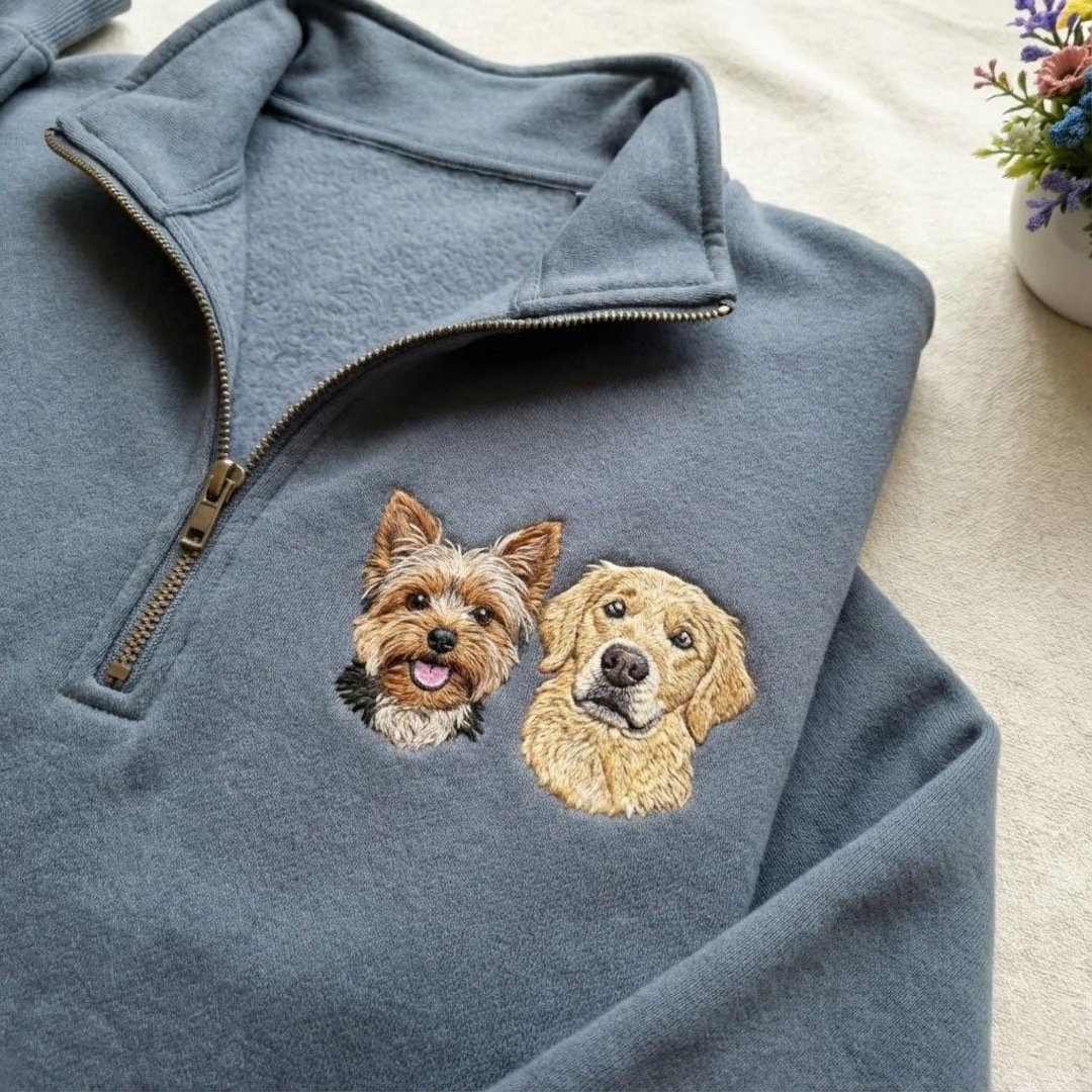 Custom Embroidered Pet Portrait Quarter Zip, Dog Cat Face