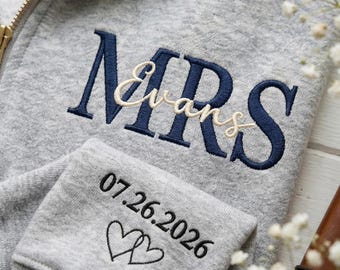 Personalized Mrs Quarter Zip with Last Name and Wedding Date, Custom Bride 1/4 Zip Pullover for Bridal Shower or Honeymoon Gift