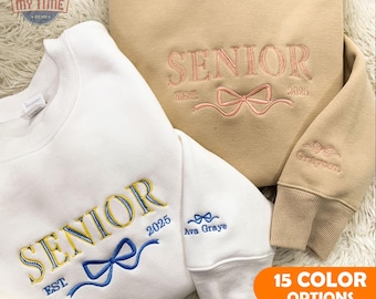 Senior Coquette Bow Embroidered T-shirt, Custom Grad Year Embroidered Crewneck, Embroidered Senior Sweatshirt, Personalized Senior Gift