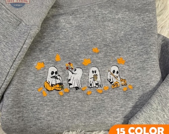 Sudadera de otoño espeluznante bordada, sudadera con capucha bordada de otoño, camiseta de fantasma y calabaza, sudadera bordada de otoño, camisa de temporada acogedora