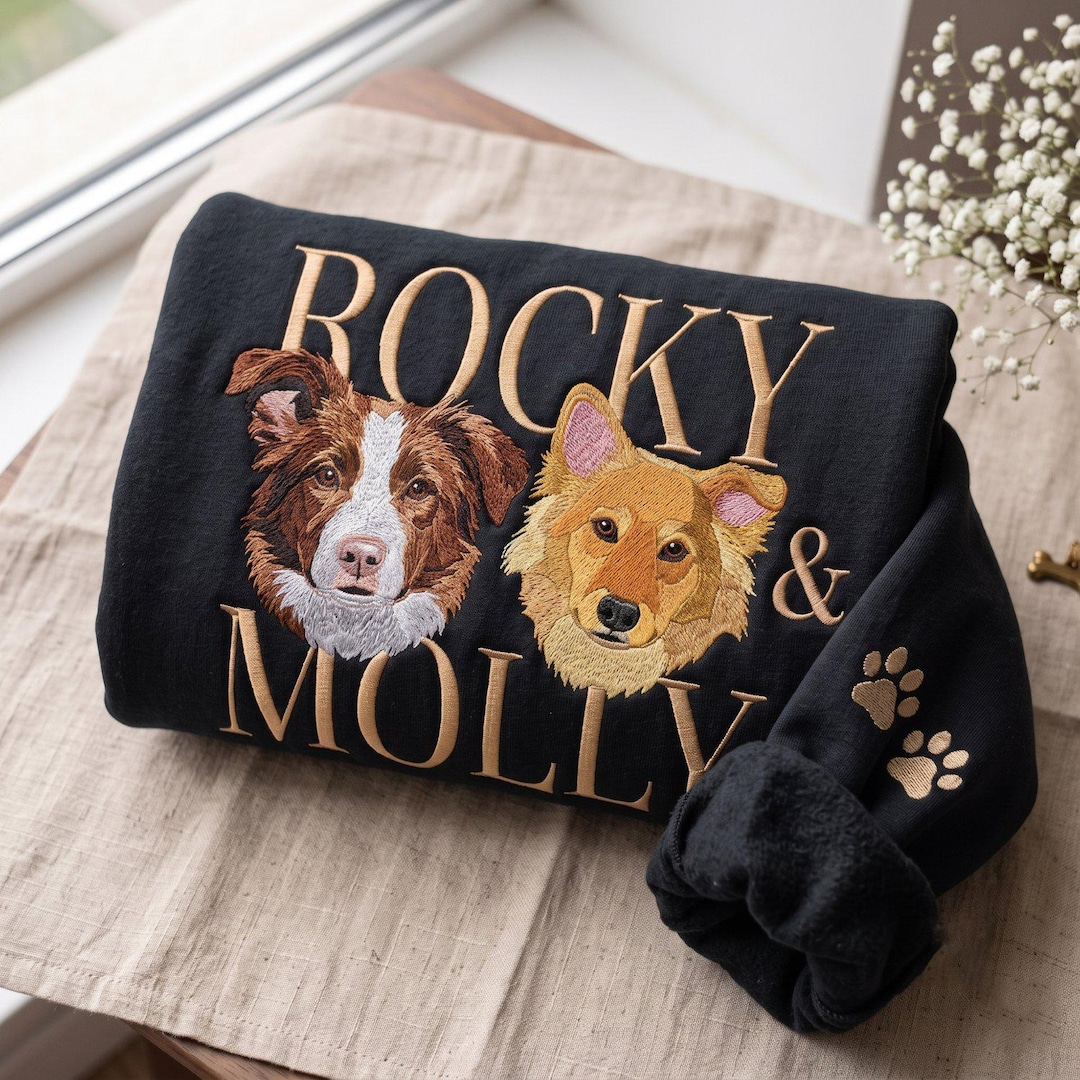 Custom Pet Portrait And Name Crewneck, Embroidered Custom Dog Photo Sweatshirt, Dog Face with Name Shirt, Pet Photo Tee, Dog Lover Gift