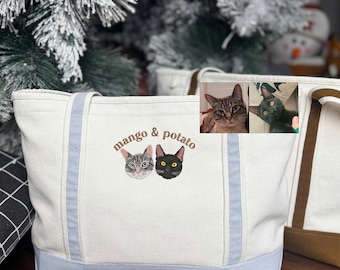 Custom Pet Canvas Tote Bag with Name, Embroidered Dog or Cat Face Canvas Tote Bag, Personalized Canvas Bag, Pet Lover Gift, College Tote Bag