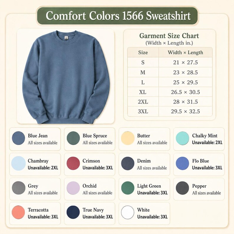 May include: A blue long-sleeve crewneck sweatshirt labeled Comfort Colors 1566. The image includes a garment size chart with width and length measurements in inches for sizes S through 3XL, and a color palette grid listing sixteen available colors.