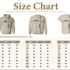 May include: A size chart for apparel, featuring a hoodie, sweatshirt, and t-shirt. The chart includes measurements for chest, length, and sleeve in inches, with sizes ranging from S to 5XL. The text "Size Chart" is at the top.